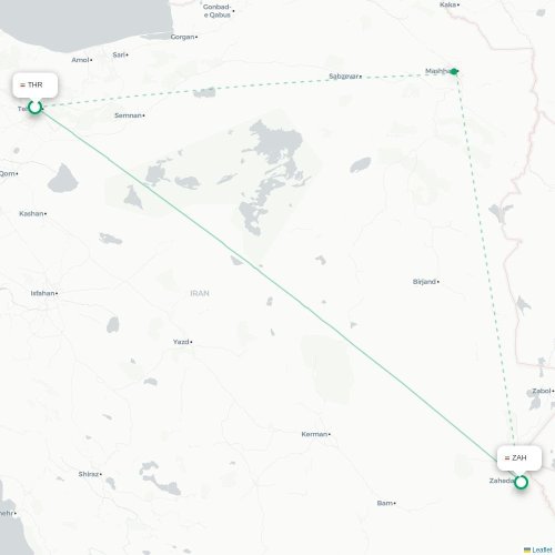 Mapa lotu bezpośredniego Teheran – Zahedan