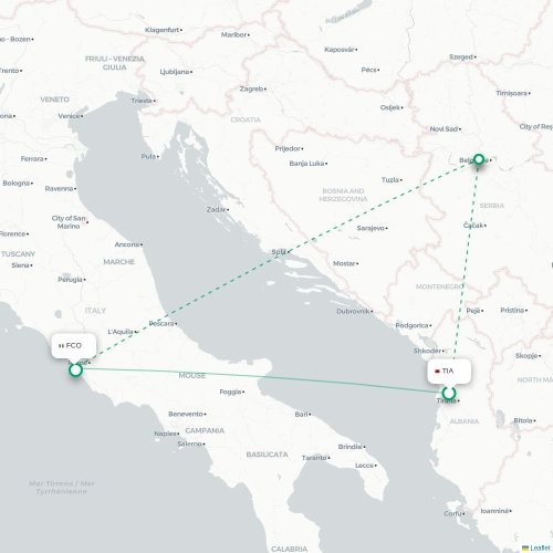 Mapa lotu bezpośredniego Tirana – Rzym