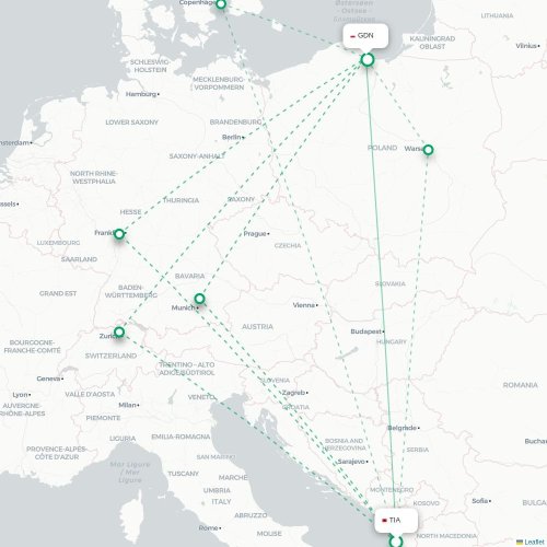 Mapa lotu bezpośredniego Tirana – Gdańsk