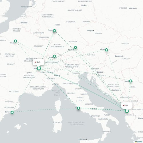 Mapa de vuelo directo Tirana - Ginebra