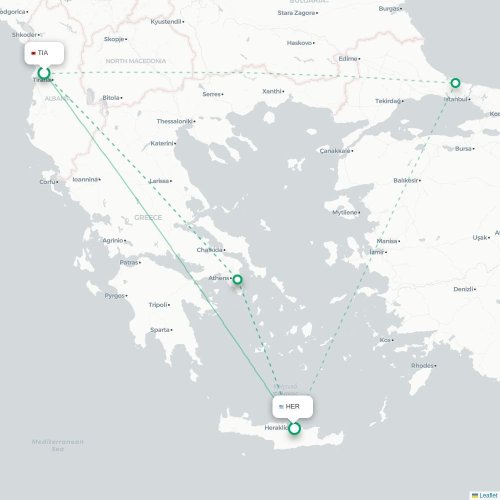 Mapa de vuelo directo Tirana - Heraclión