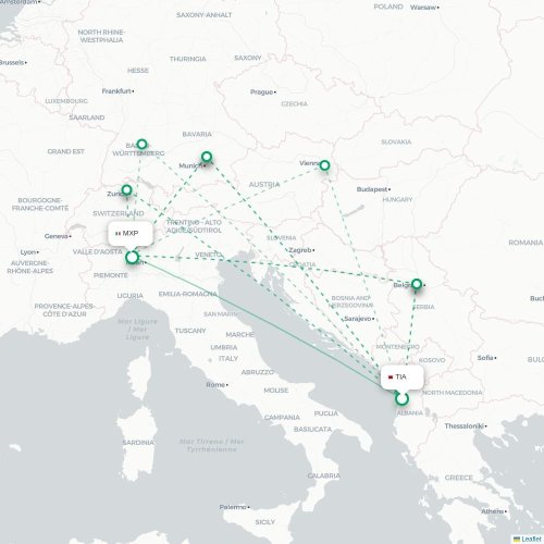 Mapa lotu bezpośredniego Tirana – Mediolan