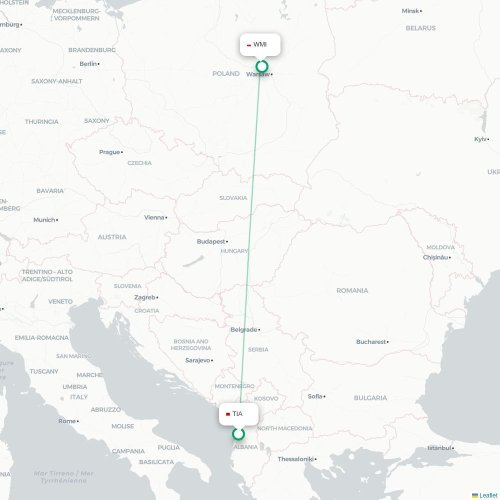 Mapa lotu bezpośredniego Tirana – Warszawa