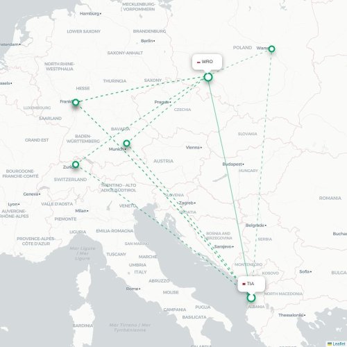 Tirana – Wrocław suoran lennon kartta