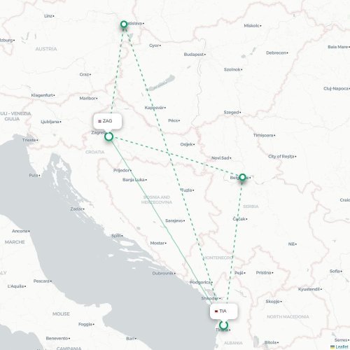 Tirana - Zagreb kort over direkte fly