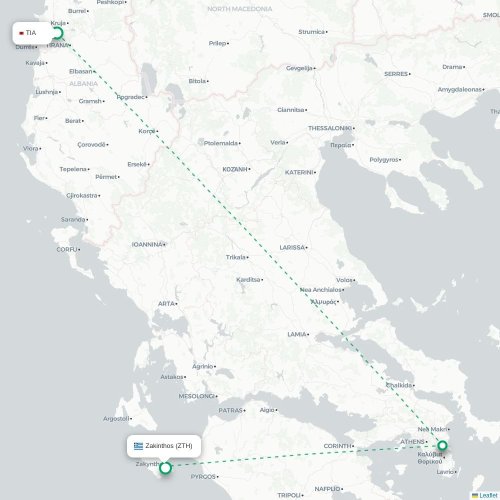 Mapa de vuelo directo Tirana - Zakynthos