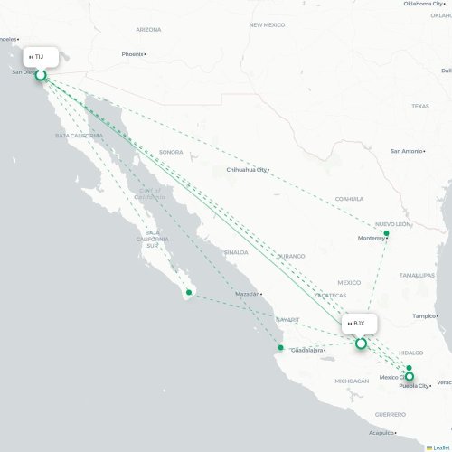 Mapa lotu bezpośredniego Tijuana – León