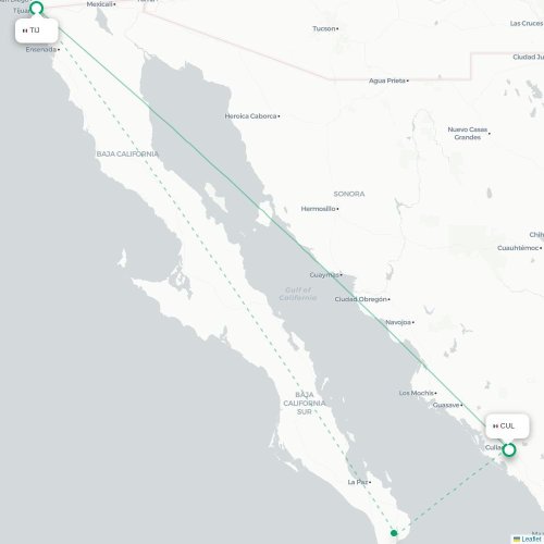 Mapa de vuelo directo Tijuana - Culiacán