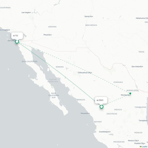 Mapa de vuelo directo Tijuana - Victoria de Durango
