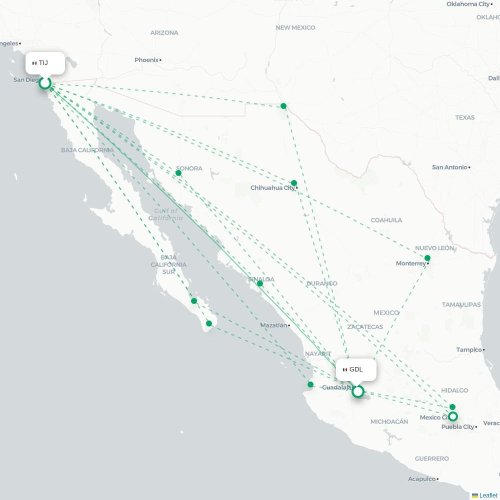 Mapa de vuelo directo Tijuana - Guadalajara