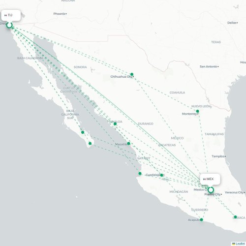 Mapa de vuelo directo Tijuana - Ciudad de México, D.F.