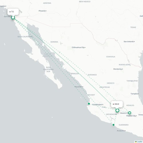Tijuana - Morelia kort over direkte fly
