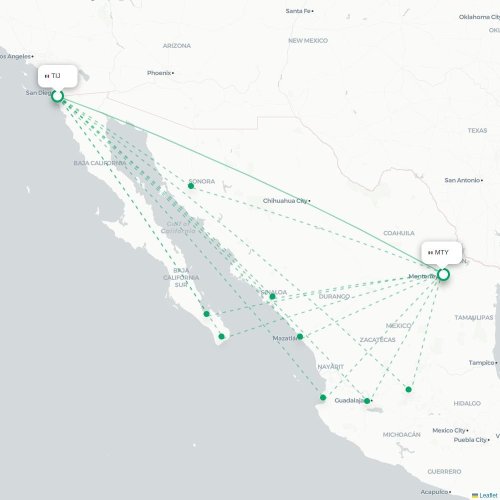 Mapa de vuelo directo Tijuana - Monterrey