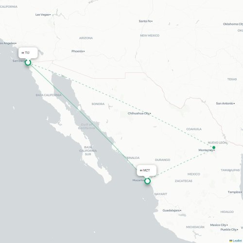 Mapa lotu bezpośredniego Tijuana – Mazatlán