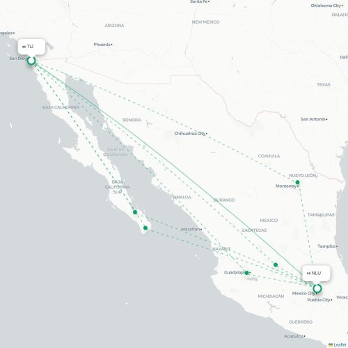 Mapa de vuelo directo Tijuana - Ciudad de México, D.F.