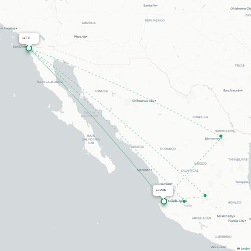 Mapa de vuelo directo Tijuana - Pto Vallarta