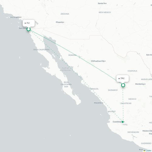 Mapa de vuelo directo Tijuana - Torreón