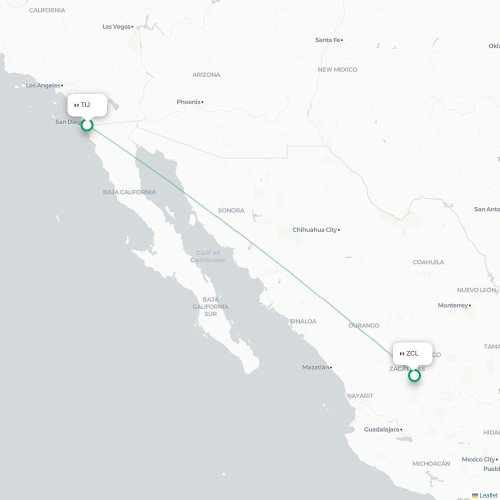 Mapa lotu bezpośredniego Tijuana – Zacatecas