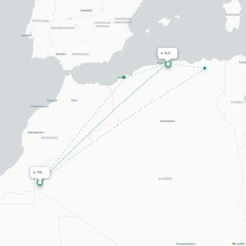 Mapa lotu bezpośredniego Tinduf – Algier