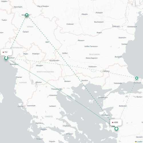 Mapa lotu bezpośredniego Tivat – Izmir
