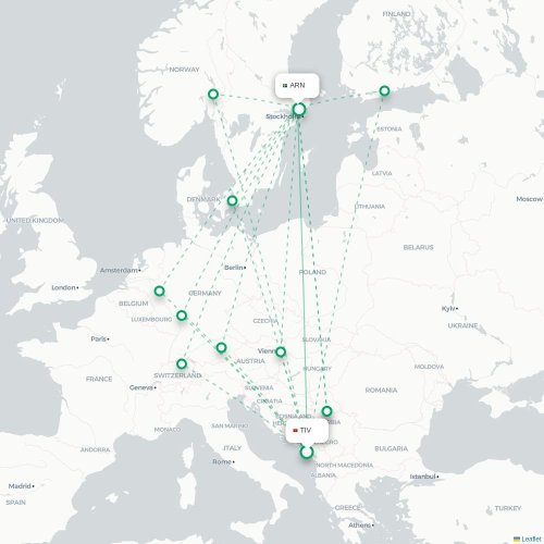Mapa de vuelo directo Tivat - Estocolmo