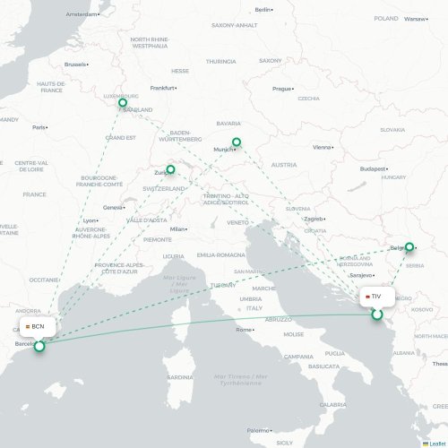 Mapa lotu bezpośredniego Tivat – Barcelona