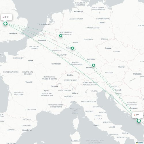 Mapa de vuelo directo Tivat - Birmingham