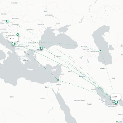 Mapa lotu bezpośredniego Tivat – Dubaj