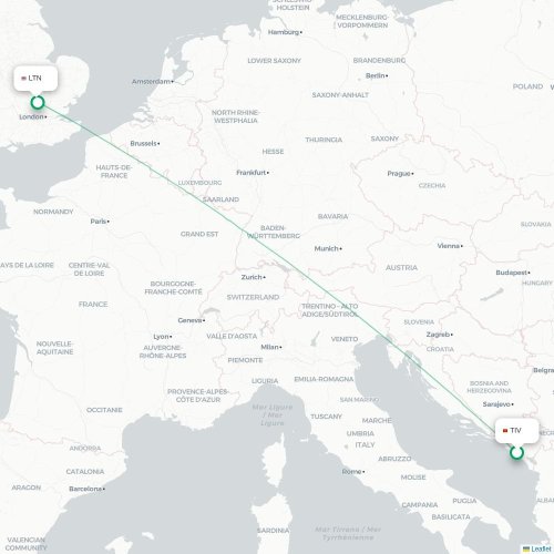 Mapa de vuelo directo Tivat - Londres