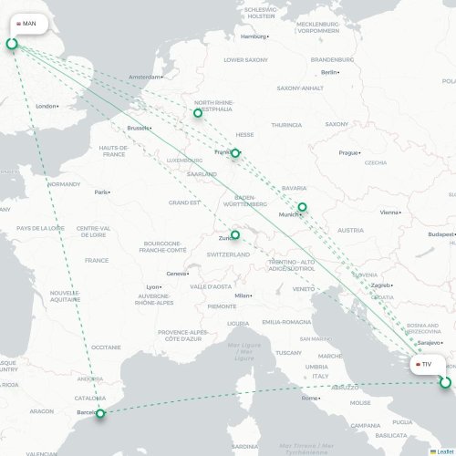 Mapa de vuelo directo Tivat - Mánchester