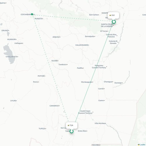 Mapa lotu bezpośredniego Tarija – Santa Cruz