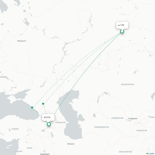 Mapa de vuelo directo Tyumen - Ereván
