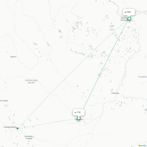 Mapa de vuelo directo Tyumen - Janty-Mansisk