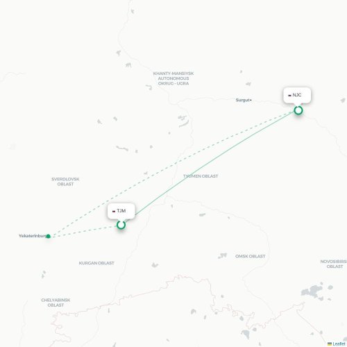 Mapa de vuelo directo Tyumen - Nizhnevártovsk