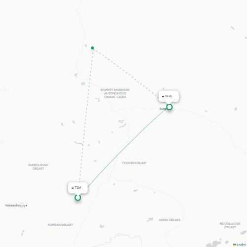 Mapa de vuelo directo Tyumen - Surgut
