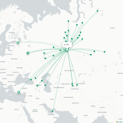 Mapa de vuelo directo Tyumen - San Petersburgo