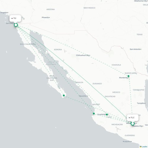 Mapa de vuelo directo Ciudad de México, D.F. - Tijuana