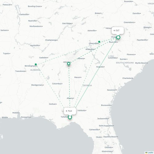 Mapa lotu bezpośredniego Tallahassee – Charlotte