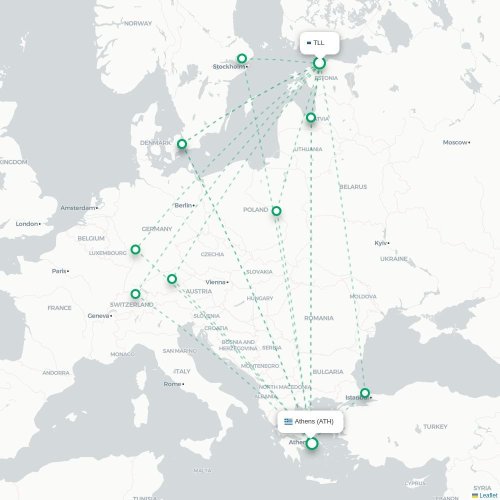 Mapa lotu bezpośredniego Tallin – Ateny