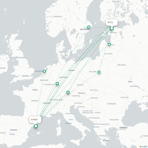 Mapa lotu bezpośredniego Tallin – Barcelona