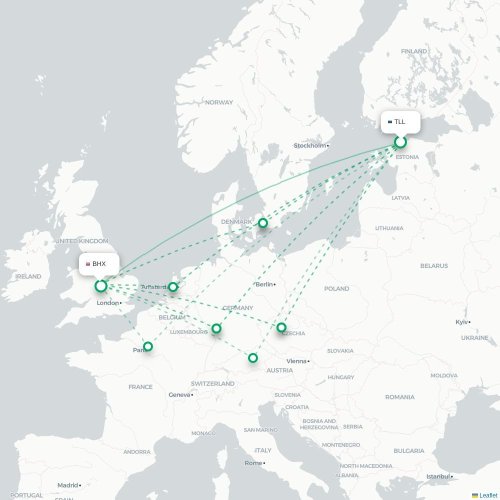 Mapa lotu bezpośredniego Tallin – Birmingham