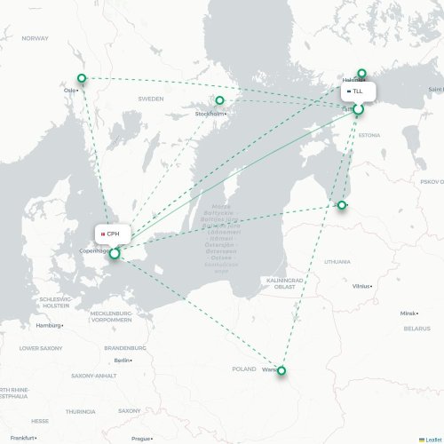 Mapa lotu bezpośredniego Tallin – Kopenhaga