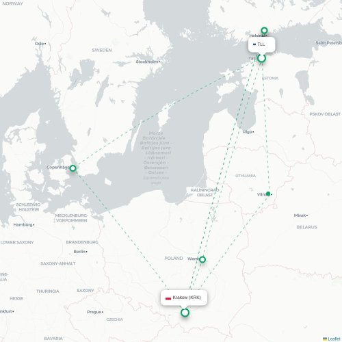 Mapa lotu bezpośredniego Tallin – Kraków