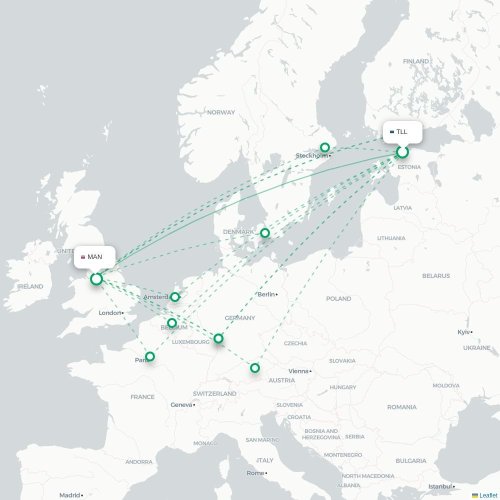 Mapa lotu bezpośredniego Tallin – Manchester