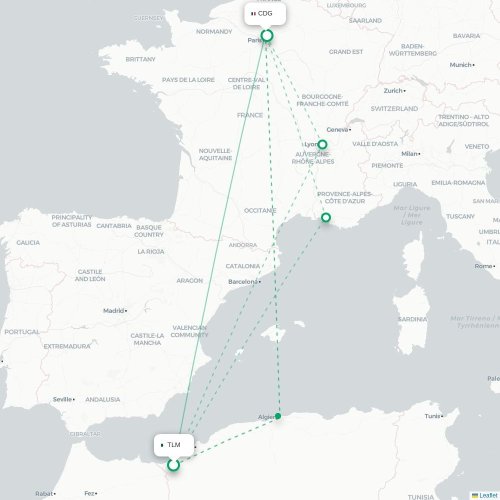 Tlemcen - Parijs kaart van rechtstreekse vlucht