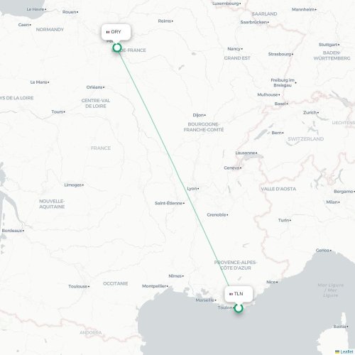 Mapa lotu bezpośredniego Tulon – Paryż