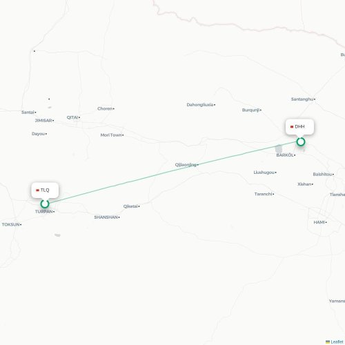 Mapa lotu bezpośredniego Turpan – Hami