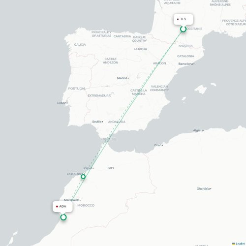 Mapa lotu bezpośredniego Tuluza – Agadir