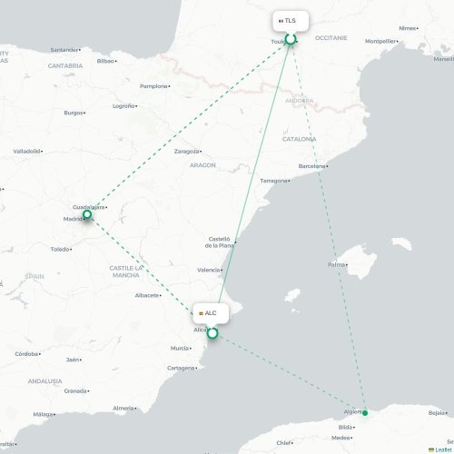 Mapa de vuelo directo Toulouse - Alicante