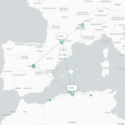 Toulouse - Algiers kaart van rechtstreekse vlucht